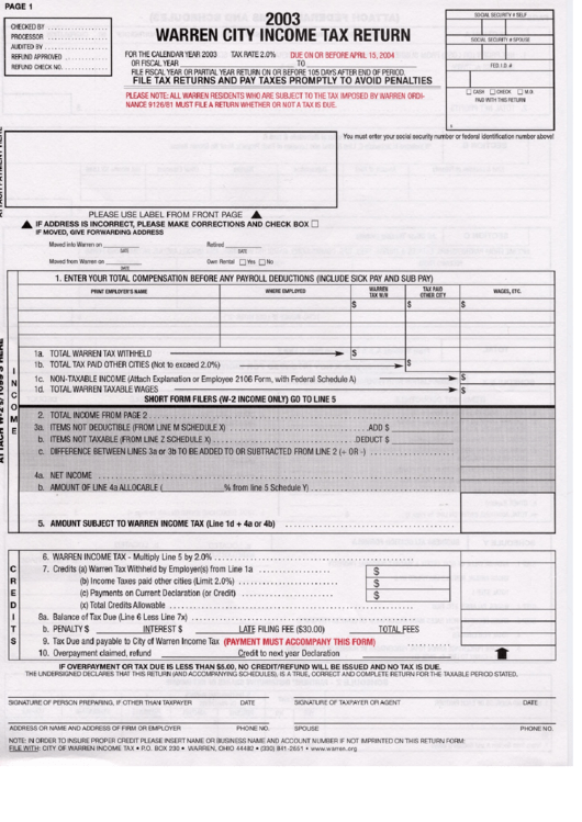 Warren City Income Tax Return Form 2003 - Ohio Printable pdf