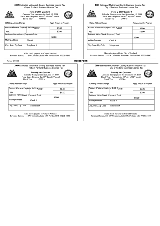 Fillable 2009 Estimated Multnomah County Business Income Tax Form - Oregon Printable pdf