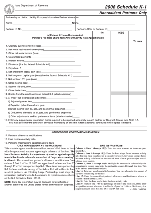 Fillable Form Ia 1065 - Schedule K-1 - Nonresident Partners Only - 2008 Printable pdf