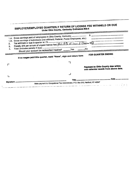 Employer/employee Quarterly Return Of License Fee Withheld Or Due Form - Kentucky Printable pdf