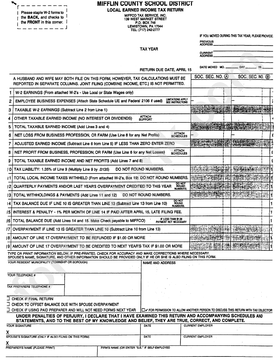 Local Earned Income Tax Return Form - Pennsylvania - Mifflin County School District