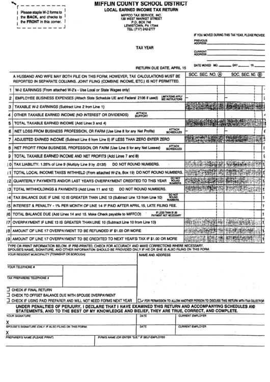 Local Earned Income Tax Return Form - Pennsylvania - Mifflin County School District Printable pdf