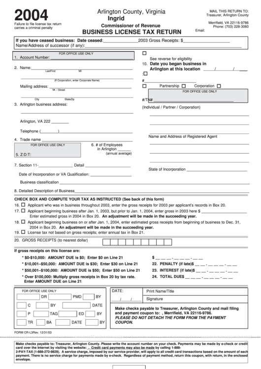 Business License Tax Return Form - Virginia Commissioner Of Revenue - 2004 Printable pdf