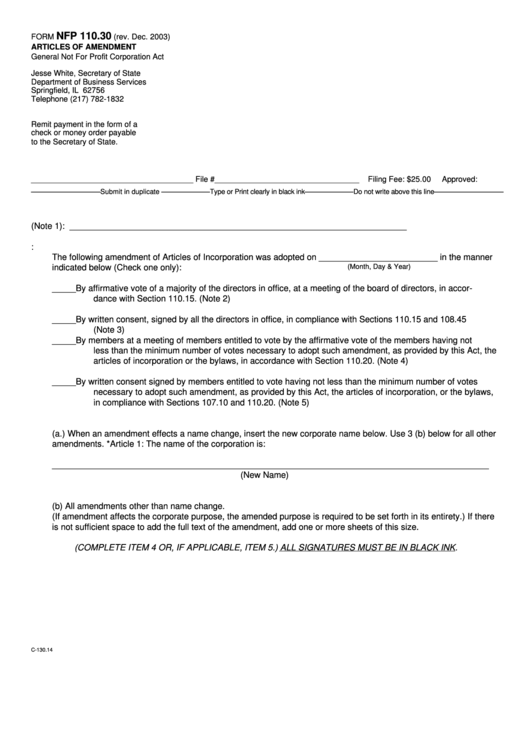 Fillable Form Nfp 110.30 - Articles Of Amendment - General Not For Profit Corporation Act Printable pdf