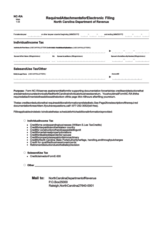 Form Nc-Ra - Required Attachments For Electronic Filing - North Carolina Department Of Revenue Printable pdf