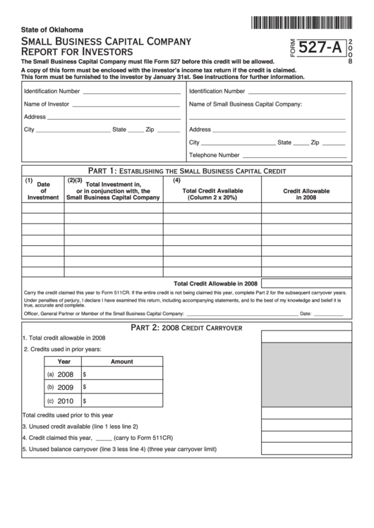 Fillable Form 527-A - Small Business Capital Company Report For Investors - 2008 Printable pdf