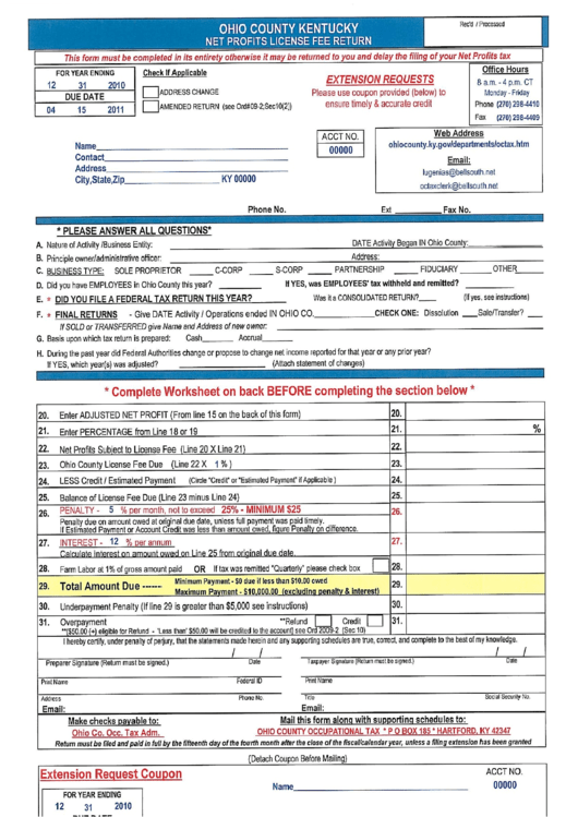 Net Profits License Fee Return Form - Kentucky Printable pdf