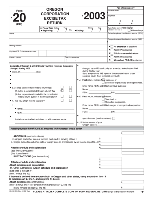 Fillable Form 20 - Oregon Corporation Excise Tax Return - 2003 Printable pdf