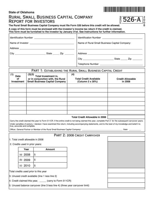 Fillable Form 526-A - Rural Small Business Capital Company Report For Investors - 2008 Printable pdf