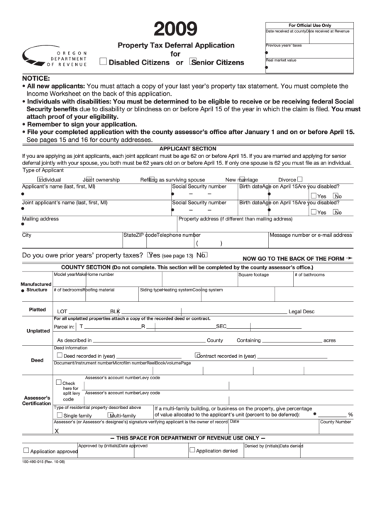 Fillable Form 150-490-015 - Property Tax Deferral Application For Disabled Citizens Or Senior Citizens - 2009 Printable pdf