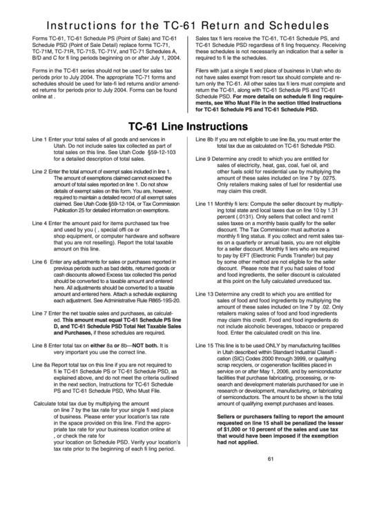 Instructions For The Tc-61 Return And Schedules Printable pdf