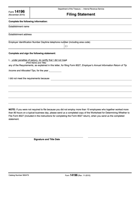 Fillable Form 14196 - Filing Statement - 2010 Printable pdf