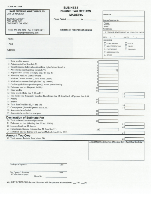 Form Fr 1089 - Business Income Tax Return - Madeira Printable pdf