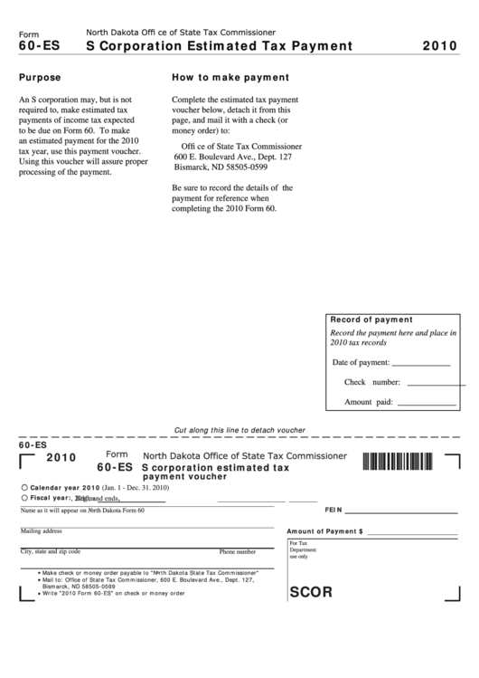 Fillable Form 60-Es - S Corporation Estimated Tax Payment - 2010 Printable pdf