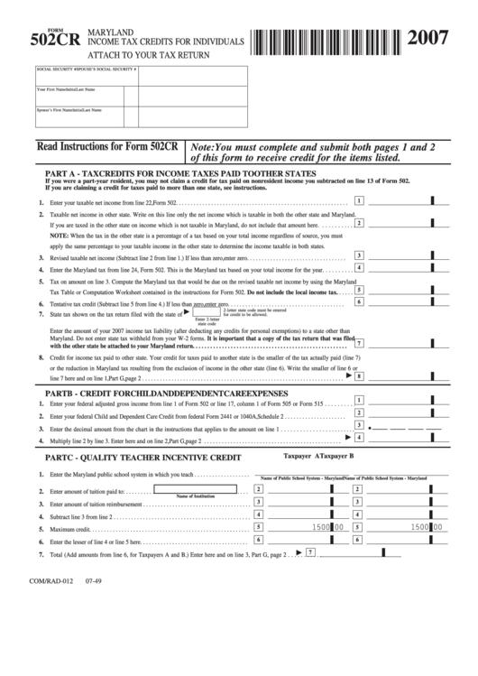 Fillable Form 502cr - Maryland Income Tax Credits For Individuals - 2007 Printable pdf