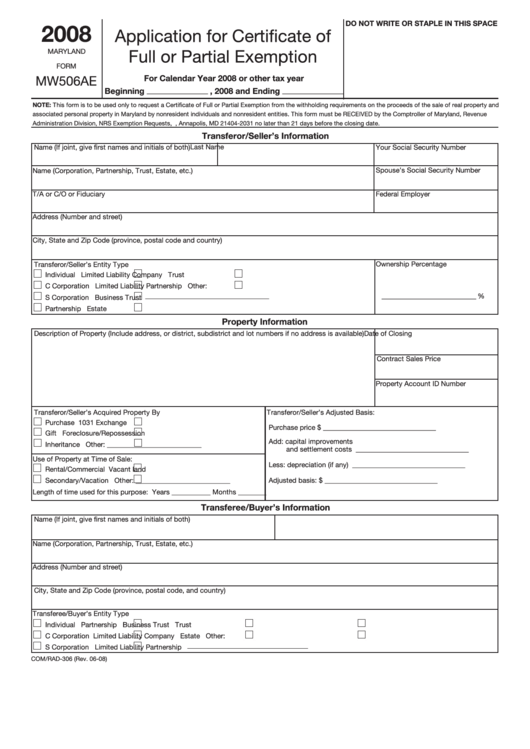 Maryland Form Mw506ae - Application For Certificate Of Full Or Partial Exemption - 2008 Printable pdf