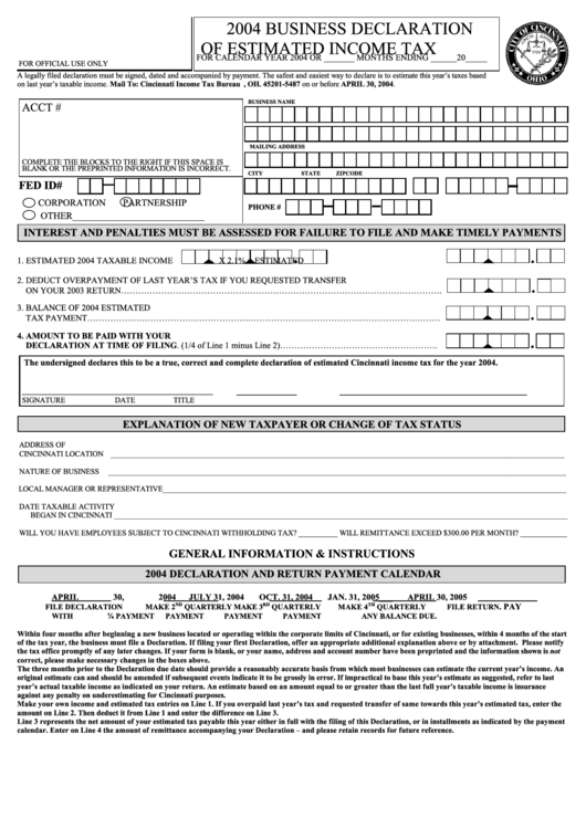 Business Declaration Of Estimated Income Tax Form - 2004 Printable pdf