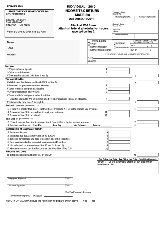 Form Fr 1089 - Individual Income Tax Return - Madeira - 2010 Printable pdf