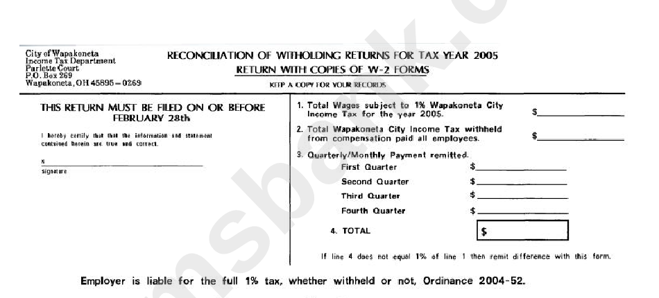 Reconciliation Of Withholding Returns For Tax Year 2005 - Wapakoneta - Ohio