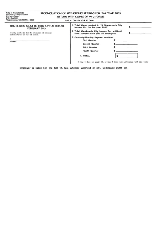 Reconciliation Of Withholding Returns For Tax Year 2005 - Wapakoneta - Ohio Printable pdf