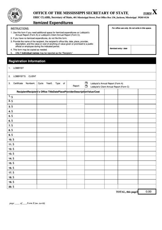 Fillable Form X - Itemized Expenditures - Mississippi Secretary Of State Printable pdf