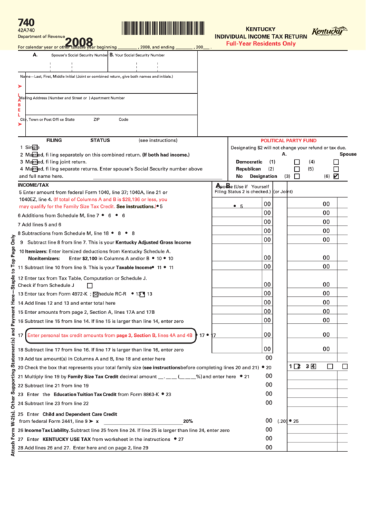 Fillable Form 740 - Kentucky Individual Income Tax Return Full-Year Residents Only - 2008 Printable pdf