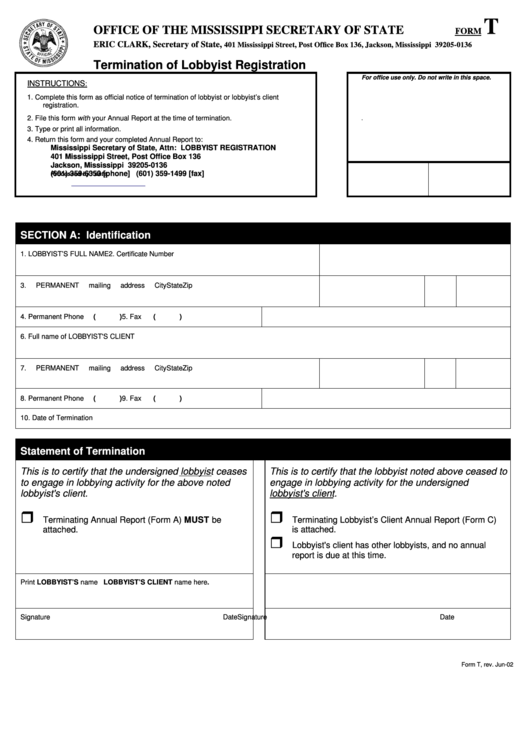 Fillable Form T - Termination Of Lobbyist Registration - Office Of The Mississippi Secretary Of State Printable pdf