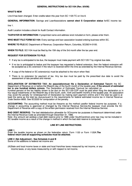 General Instructions For Form Sc1104 - Department Of Revenue - South Carolina Printable pdf
