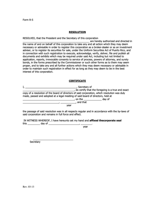 Fillable Form R-5 - Resolution - 2013 Printable pdf