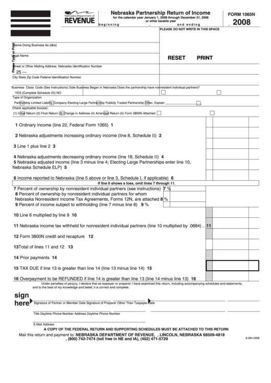 Fillable Form 1065n - Nebraska Partnership Return Of Income - 2008 Printable pdf