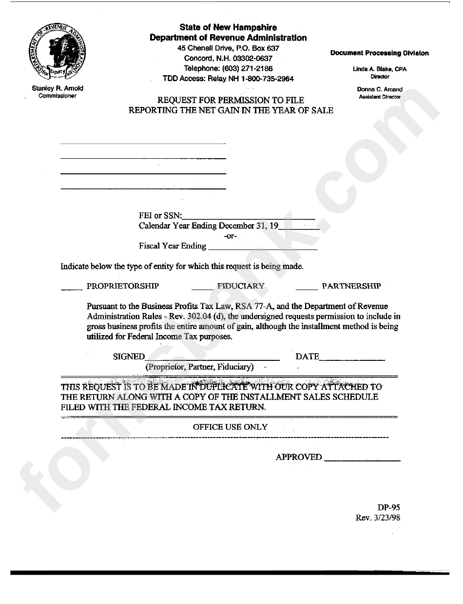 Form Dp-95 - Request For Premission To File Reporting The Net Gain In The Year Of Sale - Department Of Revenue Administration - New Hampshire