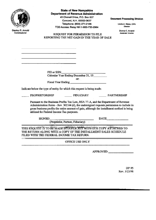 Form Dp-95 - Request For Premission To File Reporting The Net Gain In The Year Of Sale - Department Of Revenue Administration - New Hampshire Printable pdf