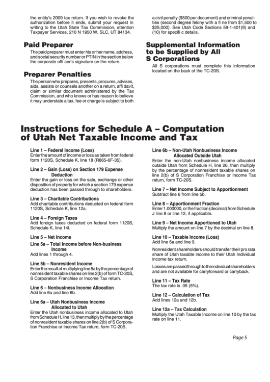 Instructions For Schedule A - Computation Of Utah Net Taxable Income And Tax Printable pdf