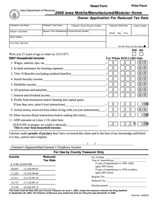Fillable Form 54-014a - Iowa Mobile/manufactured/modular Home Owner Application For Reduced Tax Rate - 2008 Printable pdf