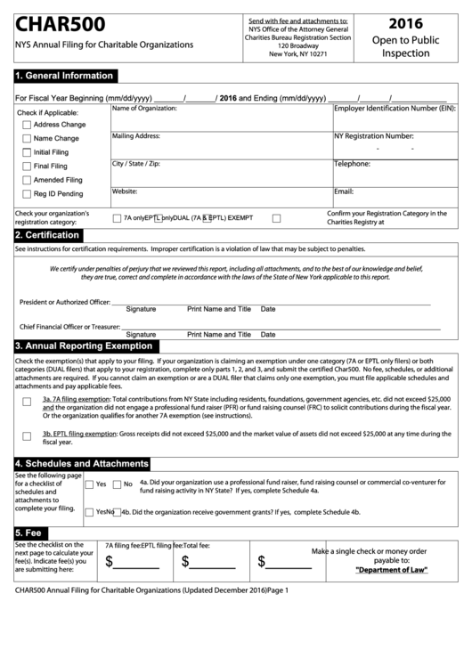 Fillable Form Char500 - Nys Annual Filing For Charitable Organizations - 2016 Printable pdf