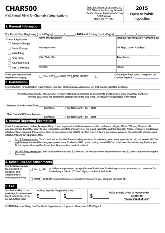 Fillable Form Char500 - Nys Annual Filing For Charitable Organizations - 2015 Printable pdf