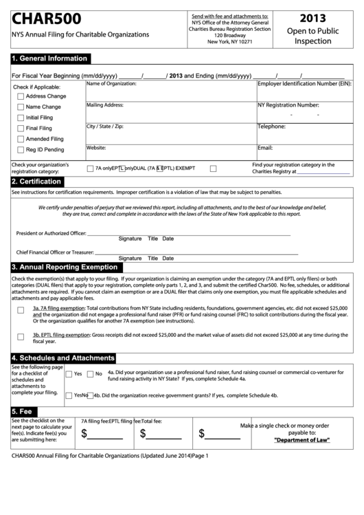 Fillable Form Char500 - Nys Annual Filing For Charitable Organizations - 2013 Printable pdf