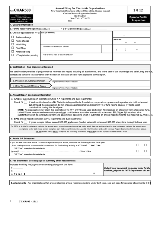 Fillable Form Char500 - Annual Filing For Charitable Organizations - 2012 Printable pdf