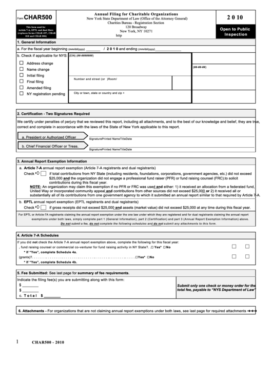 Fillable Form Char500 - Annual Filing For Charitable Organizations - 2010 Printable pdf