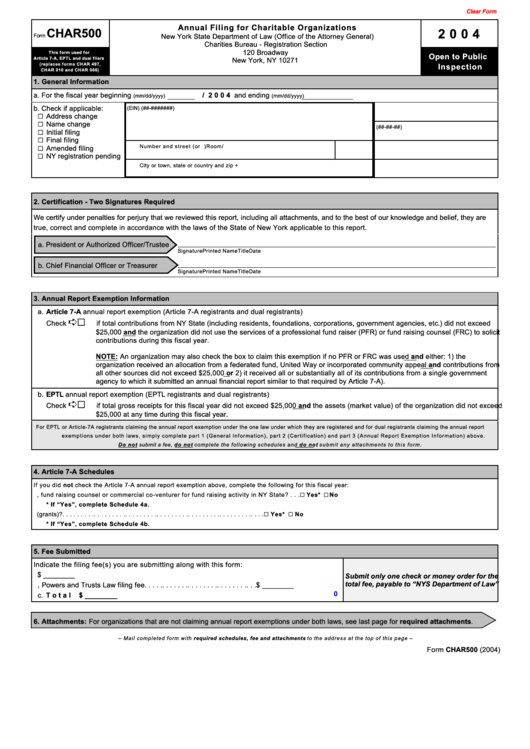 Fillable Form Char500 - Annual Filing For Charitable Organizations - 2004 Printable pdf
