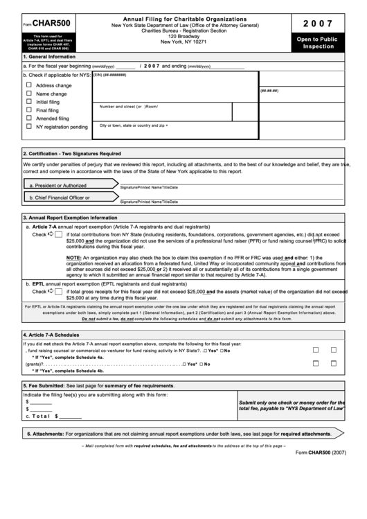 Form Char500 - Annual Filing For Charitable Organizations - 2007 Printable pdf