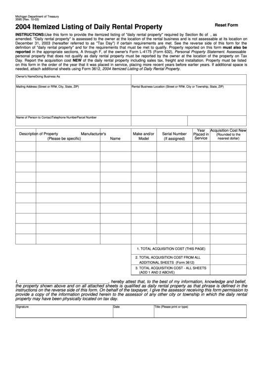 Fillable Form 3595 - Itemized Listing Of Daily Rental Property - 2004 Printable pdf