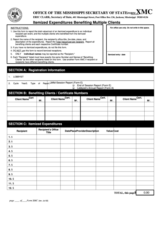 Fillable Form Xmc - Itemized Expenditures Benefiting Multiple Clients - Office Of The Mississippi Secretary Of State Printable pdf