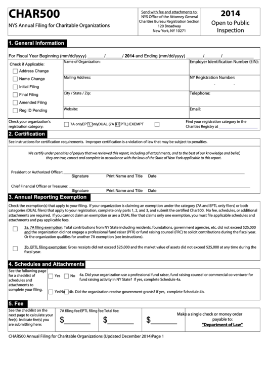 Fillable Form Char500 - Annual Filing For Charitable Organizations - 2014 Printable pdf