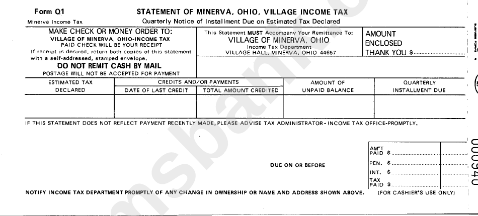 Form Q1 - Statement Of Minerva,ohio, Village Income Tax
