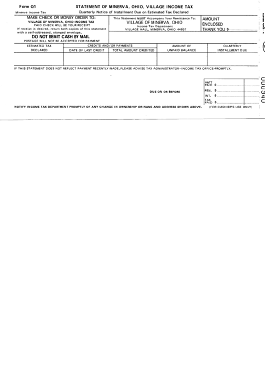 Form Q1 - Statement Of Minerva,ohio, Village Income Tax Printable pdf