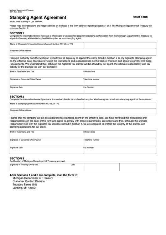 Fillable Form 3371 - Stamping Agent Agreement - Michigan Department Of Treasury Printable pdf