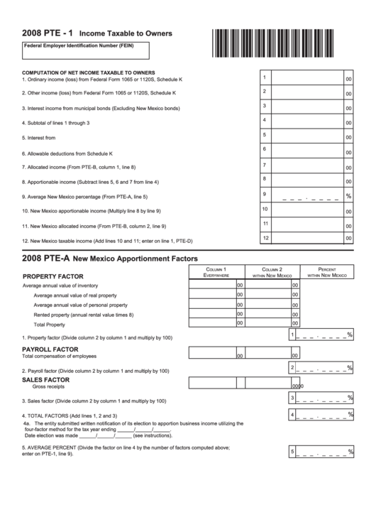 Form Pte-1 - Income Taxable To Owners - 2008 Printable pdf