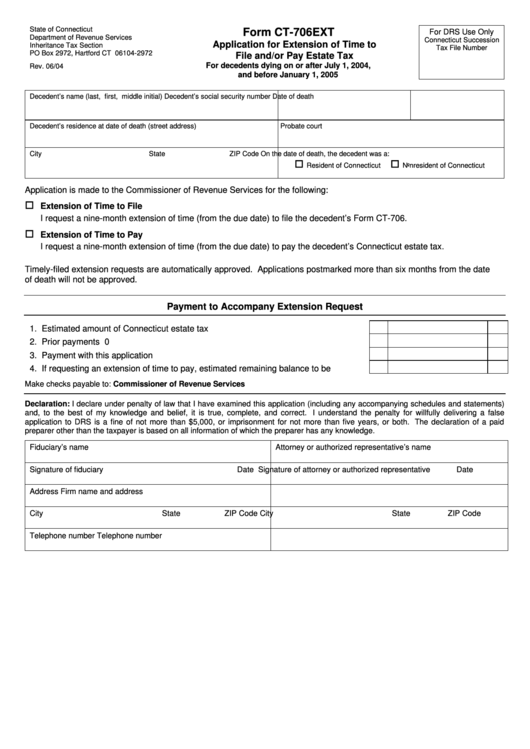 Form Ct-706ext - Application For Extension Of Time To File And/or Pay Estate Tax - 2004 Printable pdf