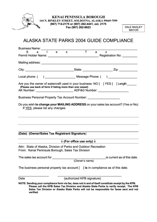 Guide Compliance Form - Alaska State Parks - 2004 Printable pdf